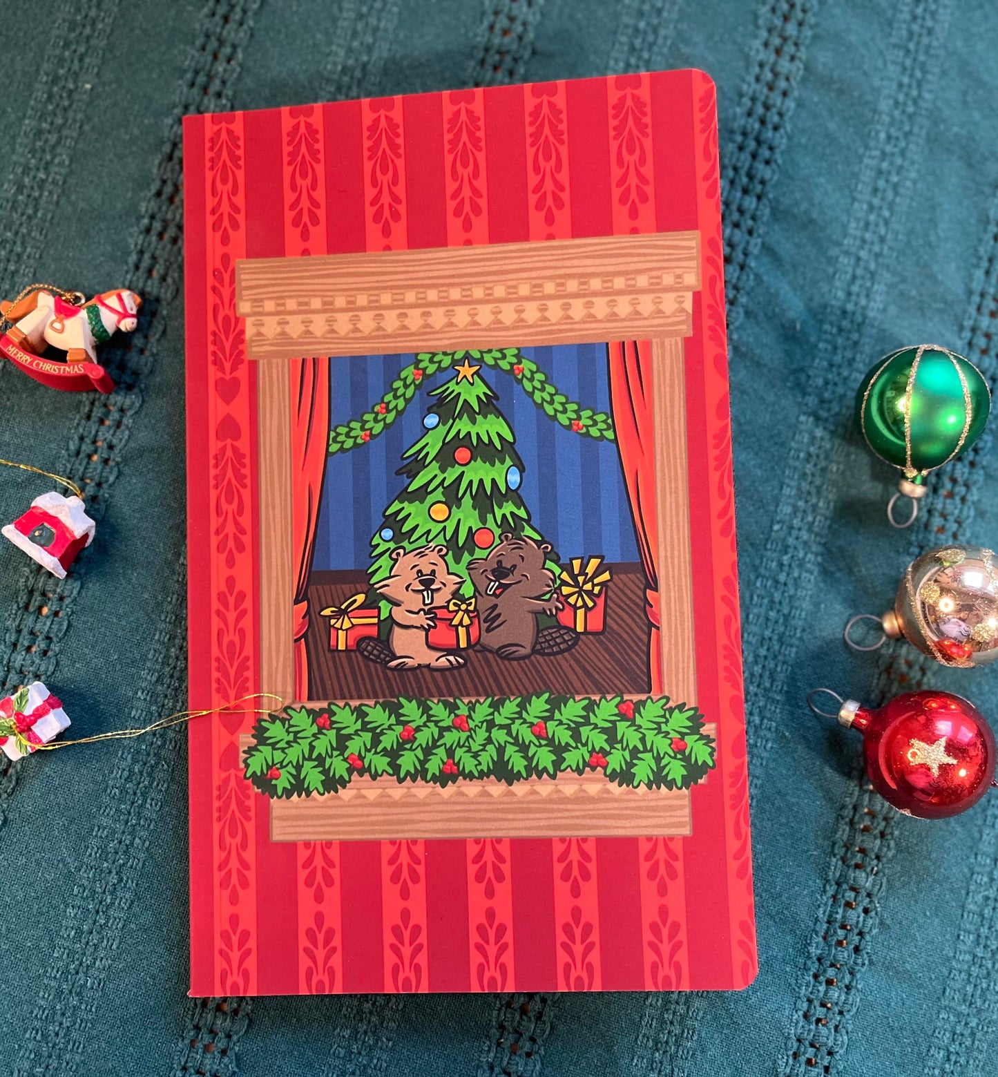 Midwinter Windows Beavers Notebook Small Christmas Red Ruled Plain Bullet
