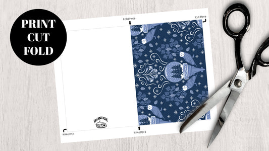 DIGITAL DOWNLOAD Midwinter Damask Greeting Card Snowglobe Barn Owl Mistletoe Pinecones 5x7 Blue Navy Printable