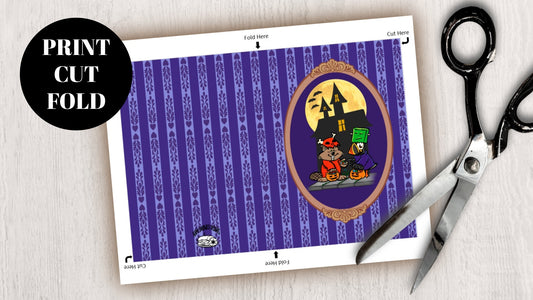 DIGITAL DOWNLOAD Beaver Puffin Halloween Costumes 5x7 Purple Greeting Card Printable