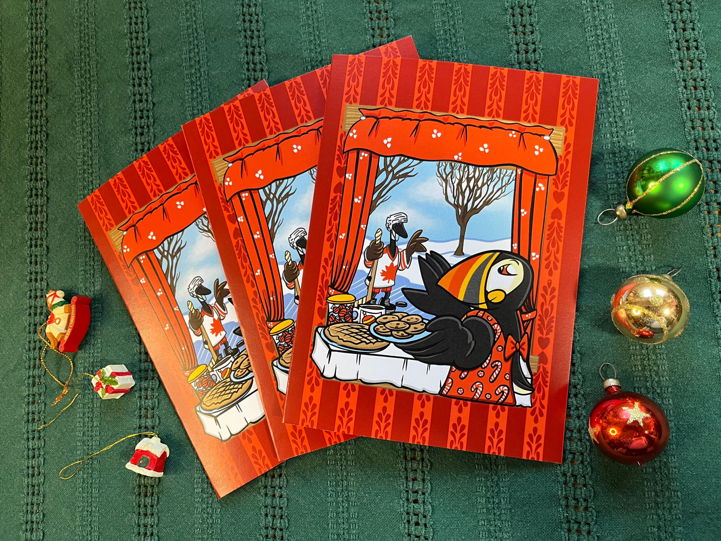 Midwinter Windows Canada Goose & Puffin Greeting Cards Winter Holiday Set of 3 5x7 Red Portrait