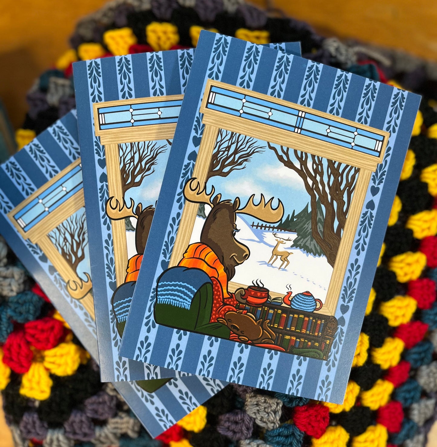 Midwinter Windows Moose Greeting Cards Winter Holiday Set of 3 5x7 Blue Portrait