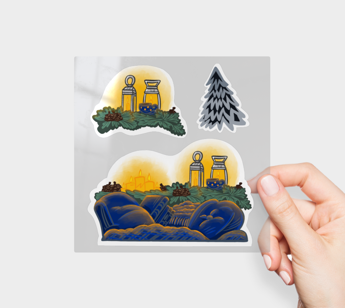 Midwinter Windows Cozy Night Winter Holiday Pines Lanterns Candles Cushions Vinyl Stickers 3” 5” Transfer Sheet