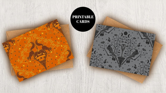 DIGITAL DOWNLOADS Greeting Cards Bundle Fall Damasks Autumn Spooky Squirrel Raven Halloween Thanksgiving 5x7 Orange Black Printables