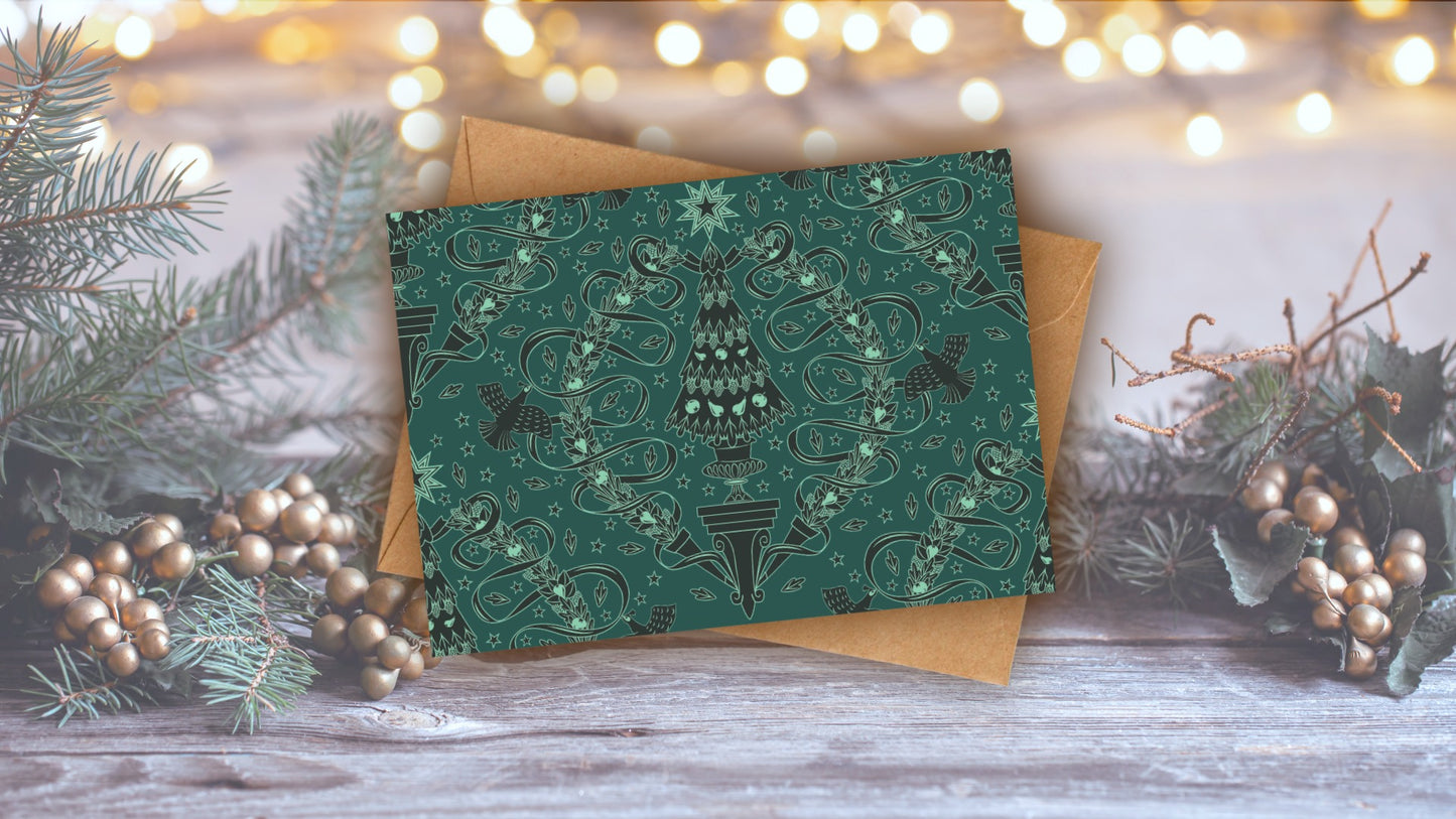 DIGITAL DOWNLOAD Festive Damask Greeting Card Della Robbia Pheasant Garland Christmas Tree 5x7 Green Printable