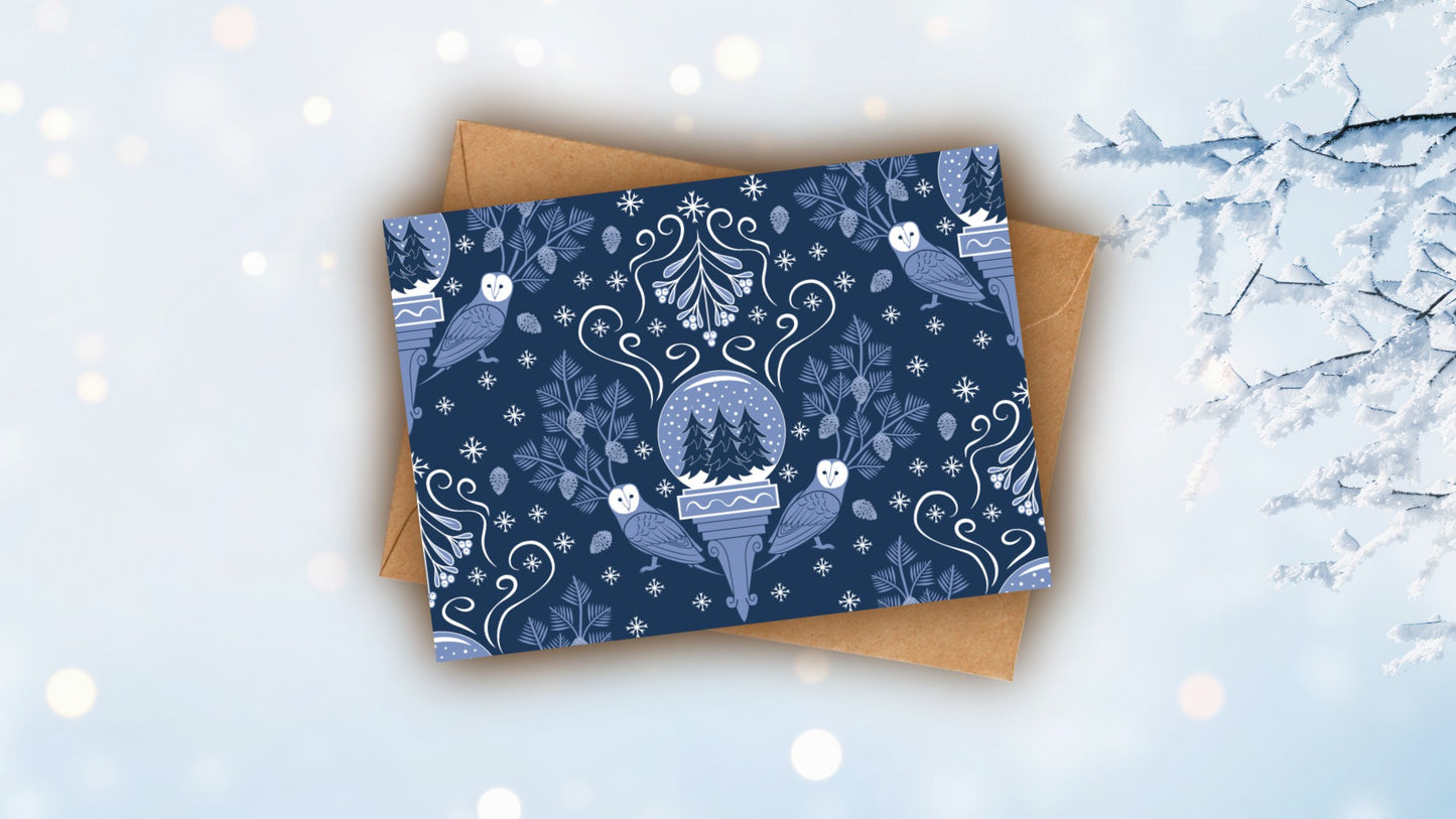 DIGITAL DOWNLOAD Midwinter Damask Greeting Card Snowglobe Barn Owl Mistletoe Pinecones 5x7 Blue Navy Printable