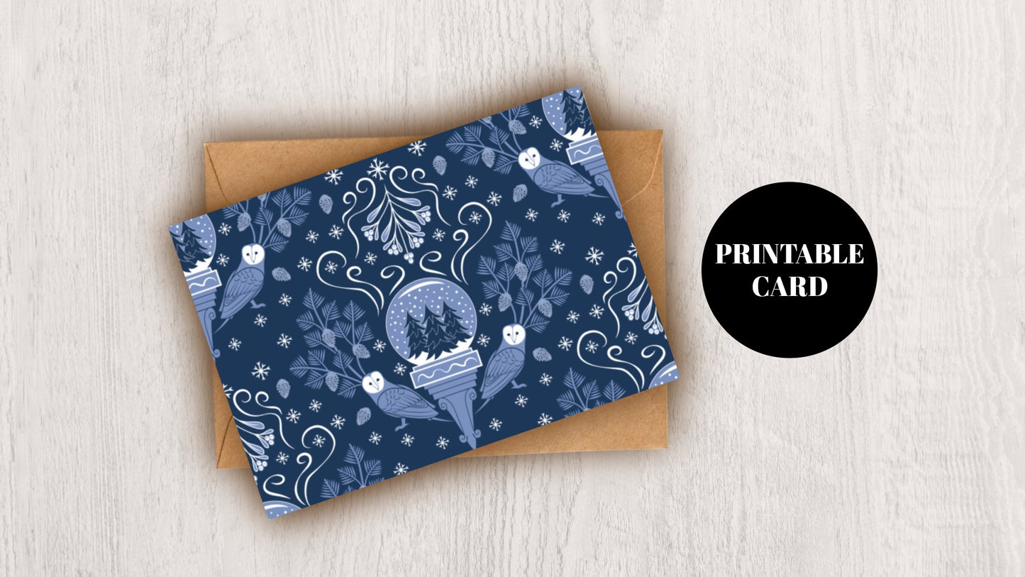 DIGITAL DOWNLOAD Midwinter Damask Greeting Card Snowglobe Barn Owl Mistletoe Pinecones 5x7 Blue Navy Printable