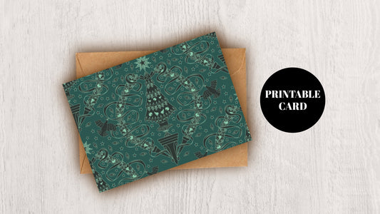 DIGITAL DOWNLOAD Festive Damask Greeting Card Della Robbia Pheasant Garland Christmas Tree 5x7 Green Printable