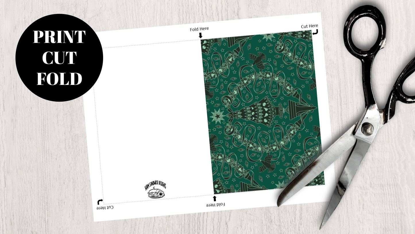 DIGITAL DOWNLOAD Festive Damask Greeting Card Della Robbia Pheasant Garland Christmas Tree 5x7 Green Printable