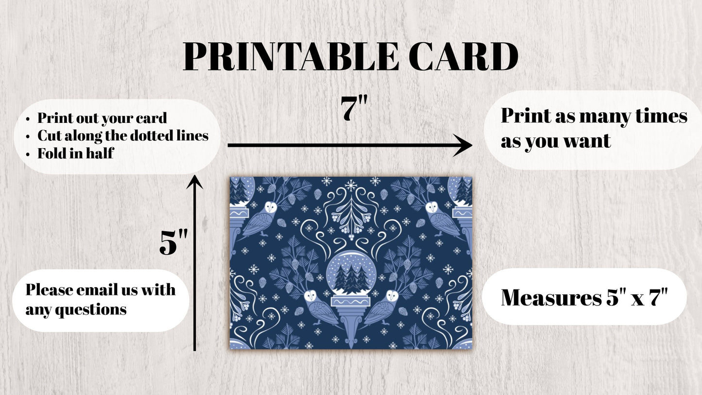 DIGITAL DOWNLOAD Midwinter Damask Greeting Card Snowglobe Barn Owl Mistletoe Pinecones 5x7 Blue Navy Printable