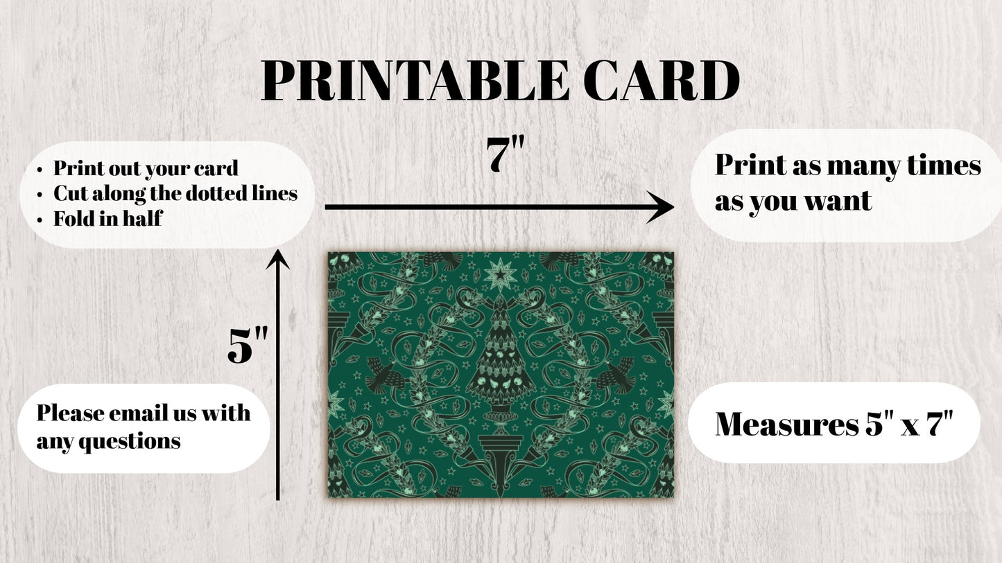 DIGITAL DOWNLOAD Festive Damask Greeting Card Della Robbia Pheasant Garland Christmas Tree 5x7 Green Printable