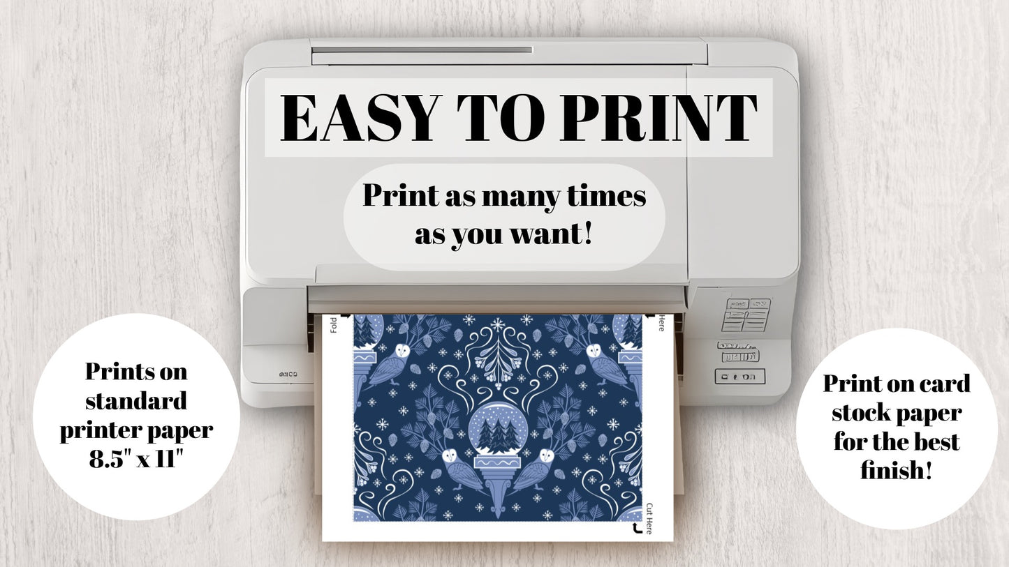 DIGITAL DOWNLOAD Midwinter Damask Greeting Card Snowglobe Barn Owl Mistletoe Pinecones 5x7 Blue Navy Printable