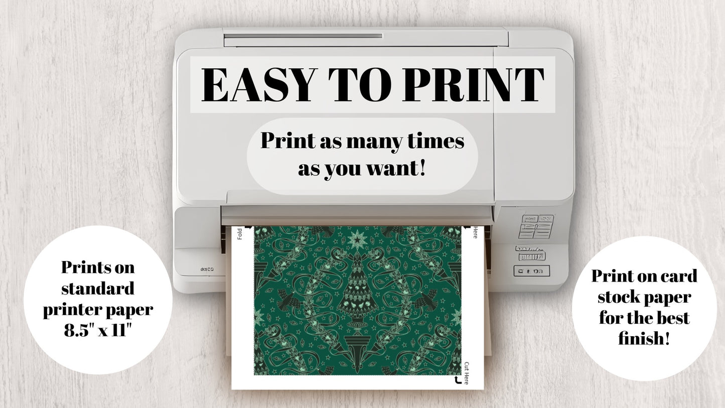 DIGITAL DOWNLOAD Festive Damask Greeting Card Della Robbia Pheasant Garland Christmas Tree 5x7 Green Printable