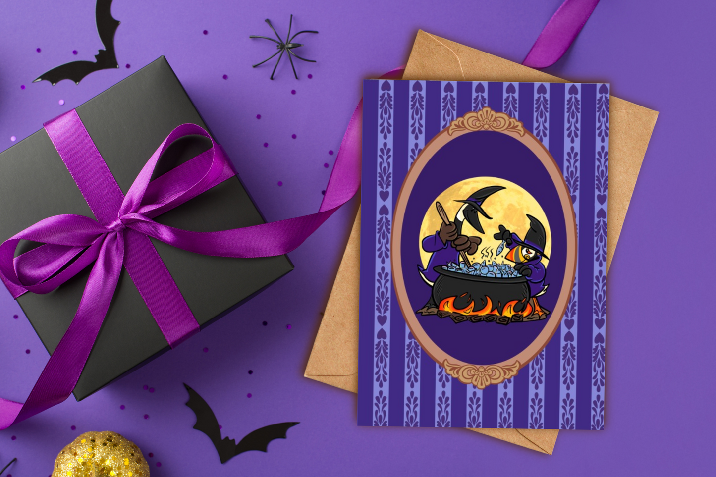 DIGITAL DOWNLOAD Canada Goose Puffin Witches Halloween 5x7 Purple Greeting Card Printable