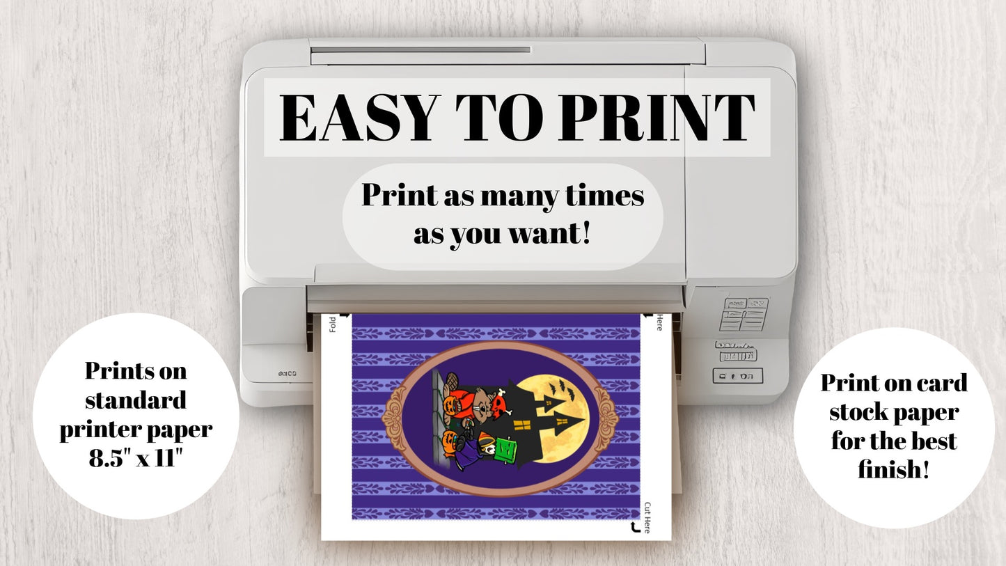 DIGITAL DOWNLOAD Beaver Puffin Halloween Costumes 5x7 Purple Greeting Card Printable