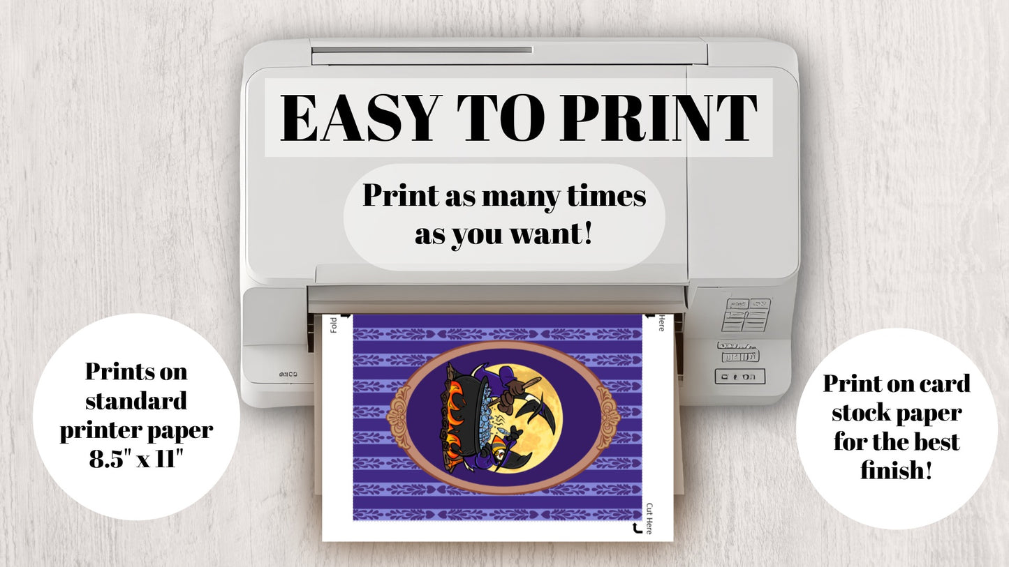 DIGITAL DOWNLOAD Canada Goose Puffin Witches Halloween 5x7 Purple Greeting Card Printable