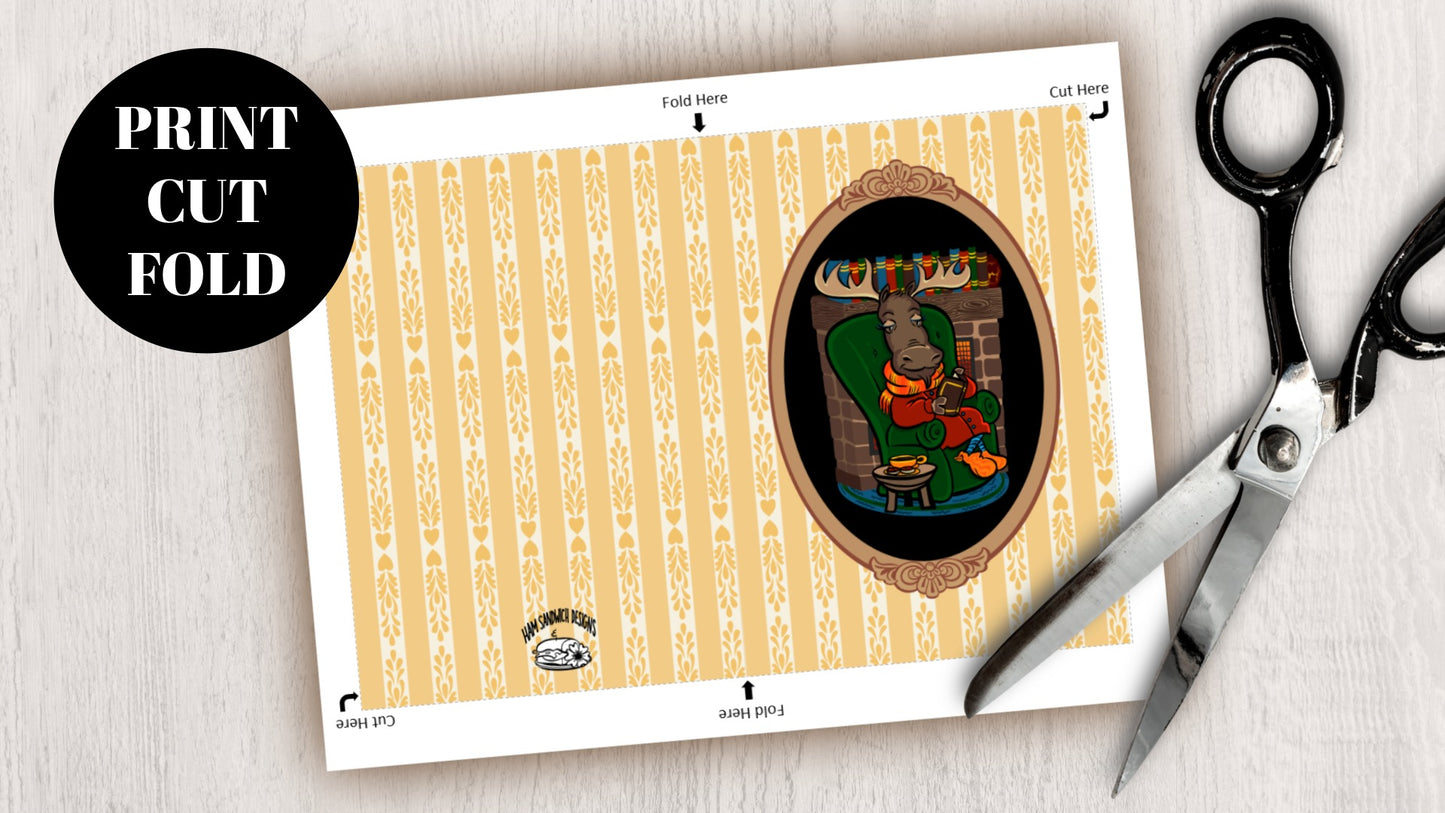 DIGITAL DOWNLOADS Greeting Card Bundle Fall Frolics Moose Big Horn Sheep Knitting Quilting Reading Cozy Autumn 5x7 Orange Cream Printables