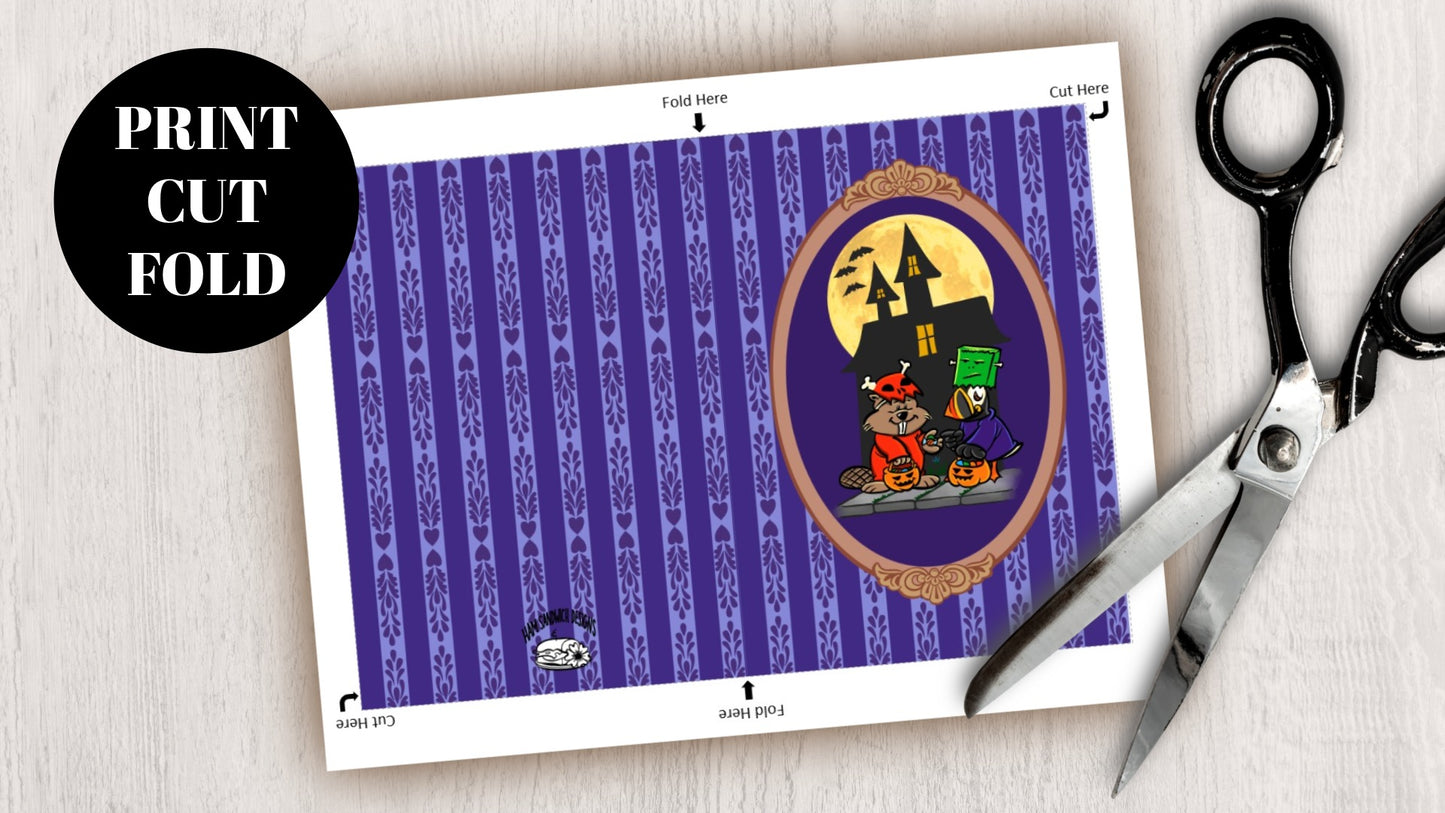 DIGITAL DOWNLOAD Beaver Puffin Halloween Costumes 5x7 Purple Greeting Card Printable