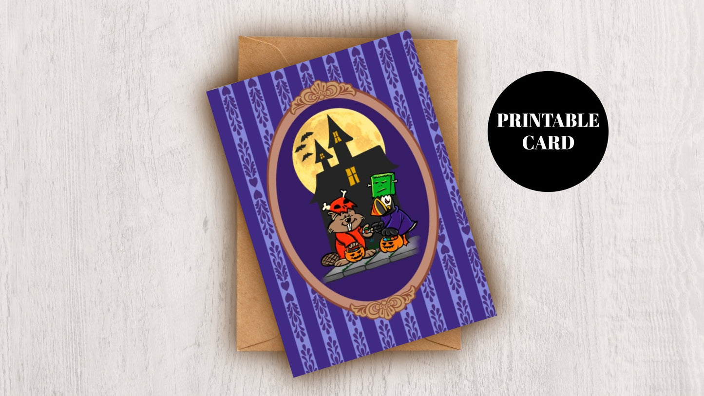 DIGITAL DOWNLOAD Beaver Puffin Halloween Costumes 5x7 Purple Greeting Card Printable