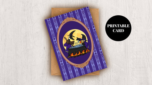 DIGITAL DOWNLOAD Canada Goose Puffin Witches Halloween 5x7 Purple Greeting Card Printable