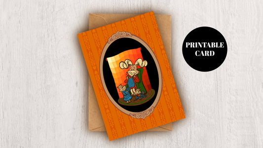 DIGITAL DOWNLOAD Big Horn Sheep Knitting Quilting Crafting Autumn 5x7 Orange Greeting Card Printable