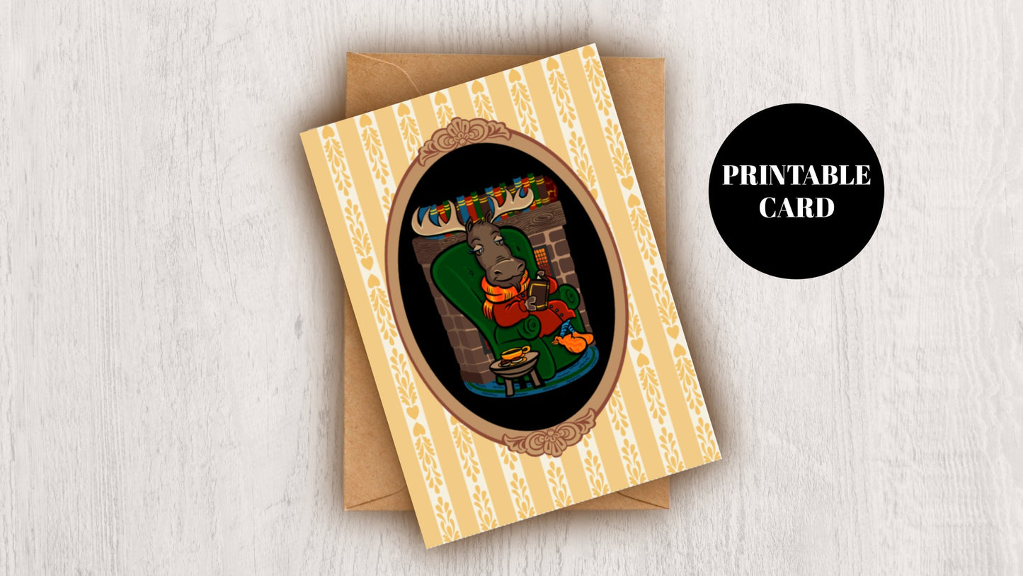 DIGITAL DOWNLOAD Moose Reading Cozy Coffee Autumn 5x7 Cream Greeting Card Printable