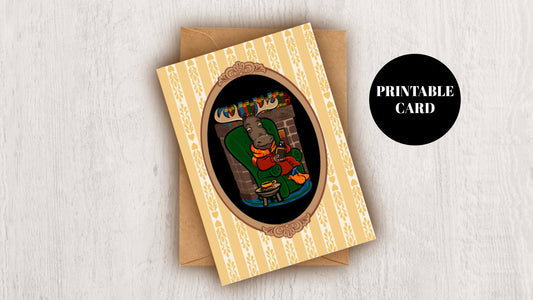 DIGITAL DOWNLOAD Moose Reading Cozy Coffee Autumn 5x7 Cream Greeting Card Printable