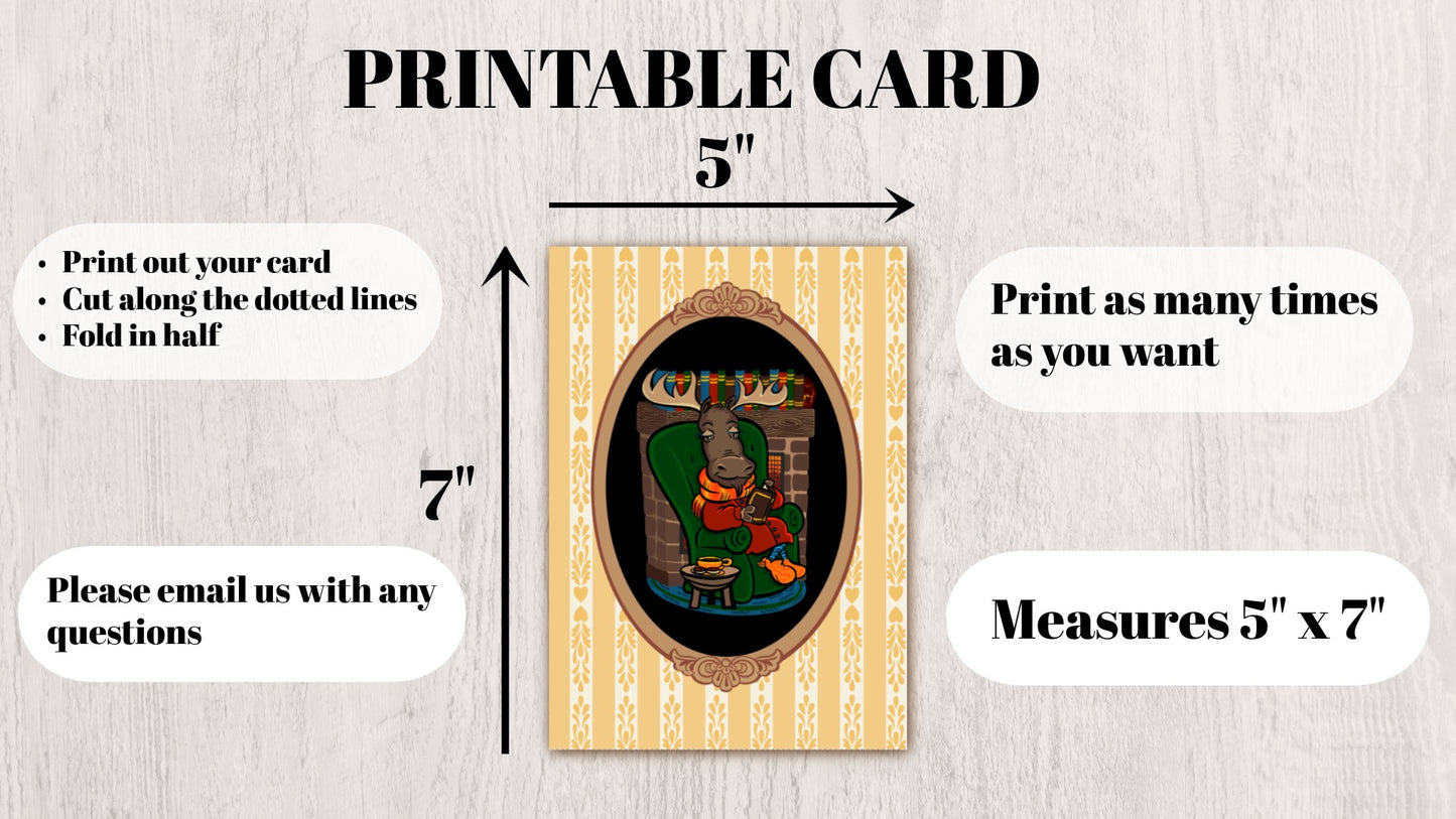 DIGITAL DOWNLOAD Moose Reading Cozy Coffee Autumn 5x7 Cream Greeting Card Printable