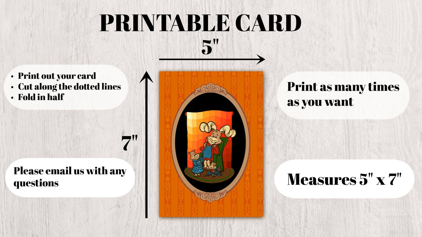 DIGITAL DOWNLOADS Greeting Card Bundle Fall Frolics Moose Big Horn Sheep Knitting Quilting Reading Cozy Autumn 5x7 Orange Cream Printables