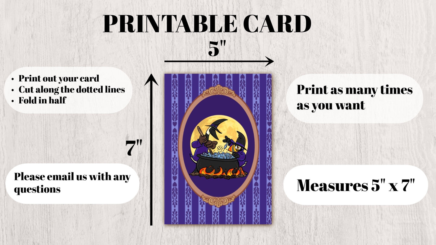 DIGITAL DOWNLOAD Canada Goose Puffin Witches Halloween 5x7 Purple Greeting Card Printable