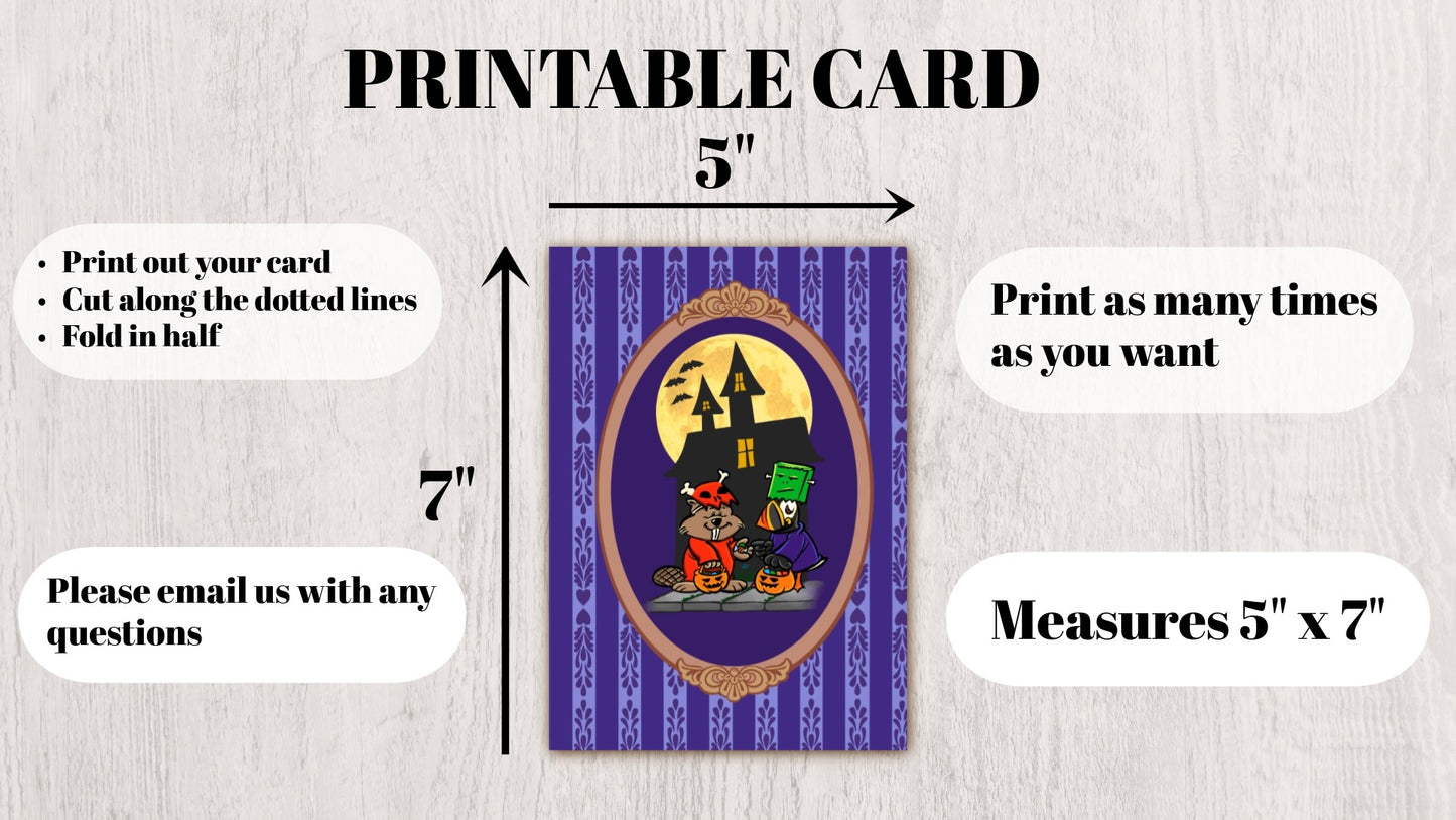 DIGITAL DOWNLOAD Beaver Puffin Halloween Costumes 5x7 Purple Greeting Card Printable