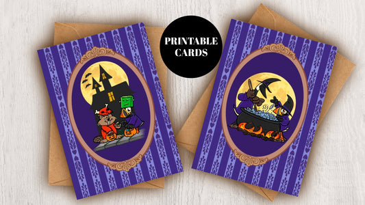 DIGITAL DOWNLOAD Greeting Card Bundle Trick or Treat Cartoon Animals Halloween Witches Costumes 5x7 Purple Printables