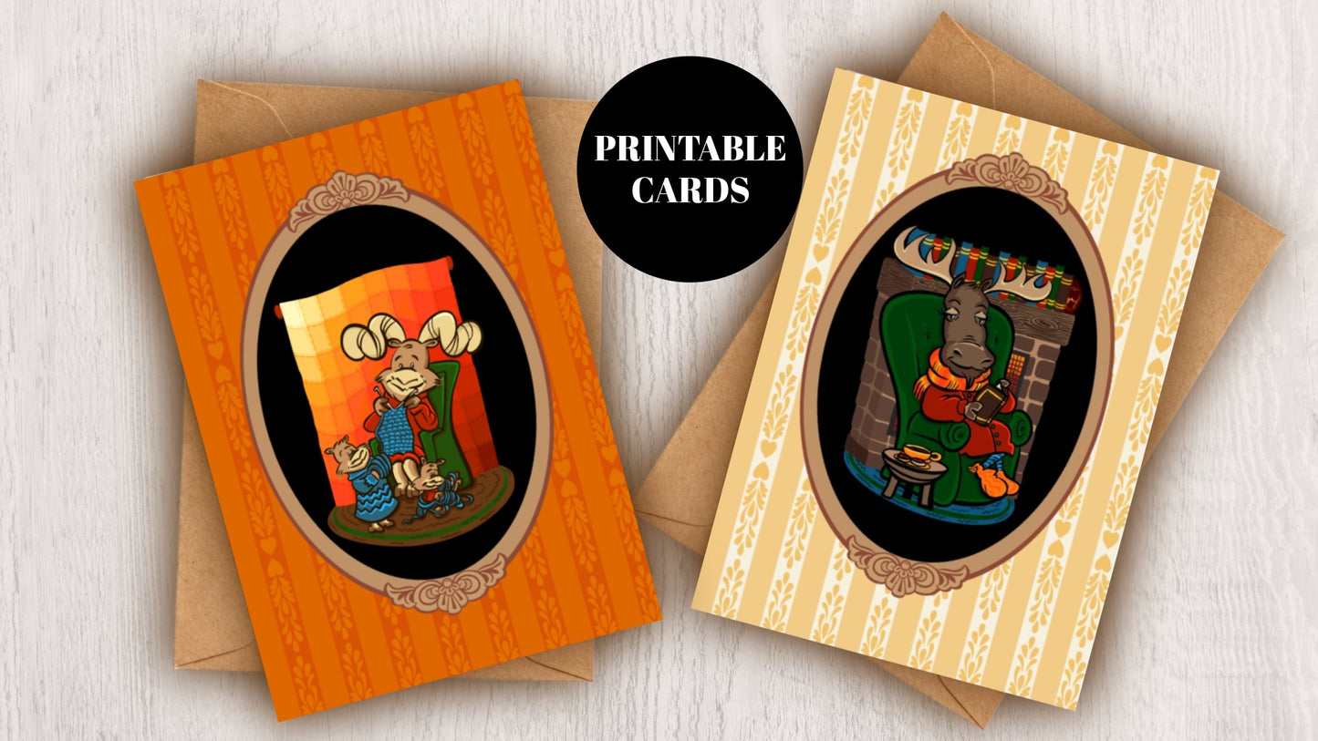DIGITAL DOWNLOADS Greeting Card Bundle Fall Frolics Moose Big Horn Sheep Knitting Quilting Reading Cozy Autumn 5x7 Orange Cream Printables
