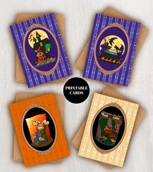DIGITAL DOWNLOADS Greeting Cards Bundle Fall Frolics Cozy Tricks n Treats Set of 4 Halloween Autumn Canada Goose Moose Beaver Puffin 5x7 Printables