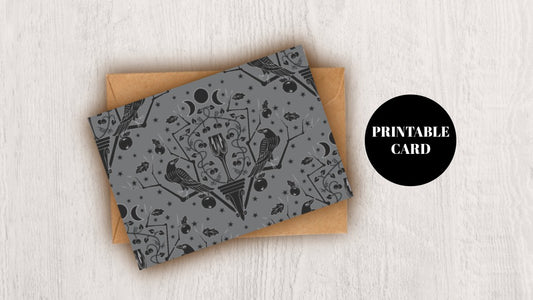 DIGITAL DOWNLOAD Spooky Damask Greeting Card Raven Crow Vines Goblet Halloween 5x7 Grey Black Printable