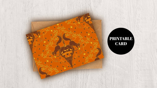 DIGITAL DOWNLOAD Autumn Damask Greeting Card Squirrel Pumpkin Mushroom Oaks 5x7 Orange Brown Printable