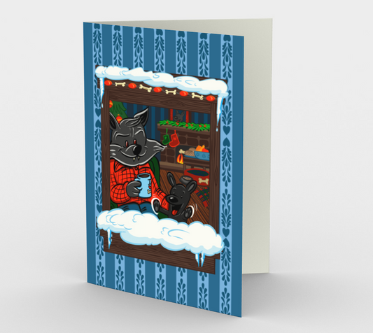 Midwinter Windows Wolf & Puppy Greeting Cards Christmas Holiday Set of 3 5x7 Blue Portrait