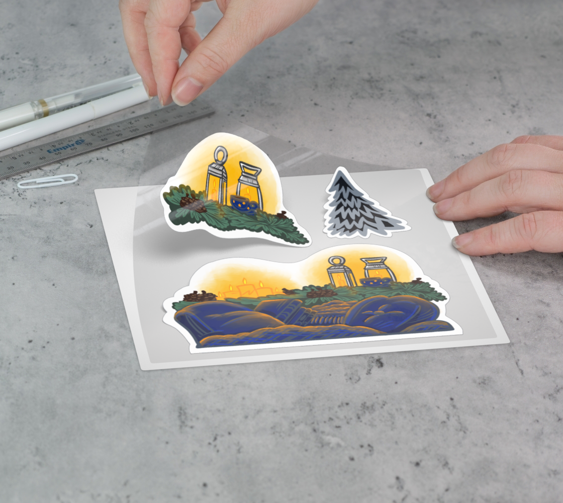 Midwinter Windows Cozy Night Winter Holiday Pines Lanterns Candles Cushions Vinyl Stickers 3” 5” Transfer Sheet